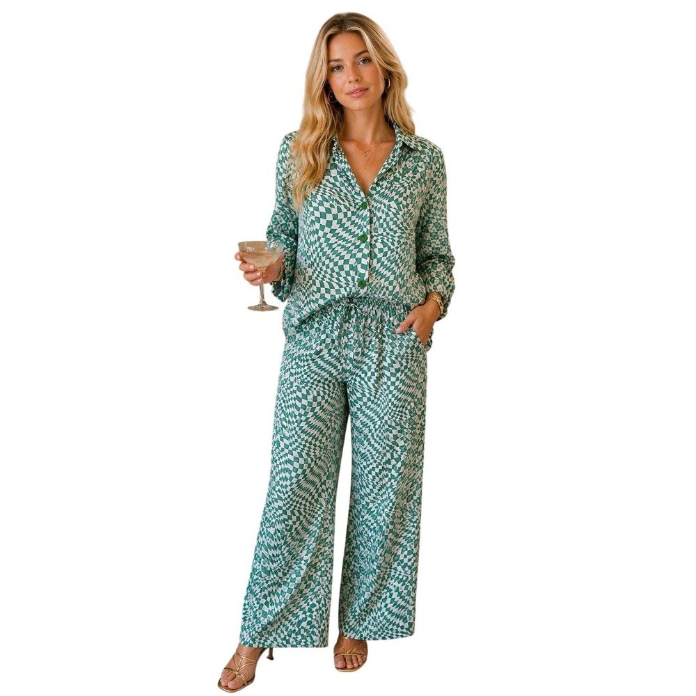 Lisa Says Gah Plumb Bailey Green Warp Check Matching Set Shirt Pants Medium NWOT
